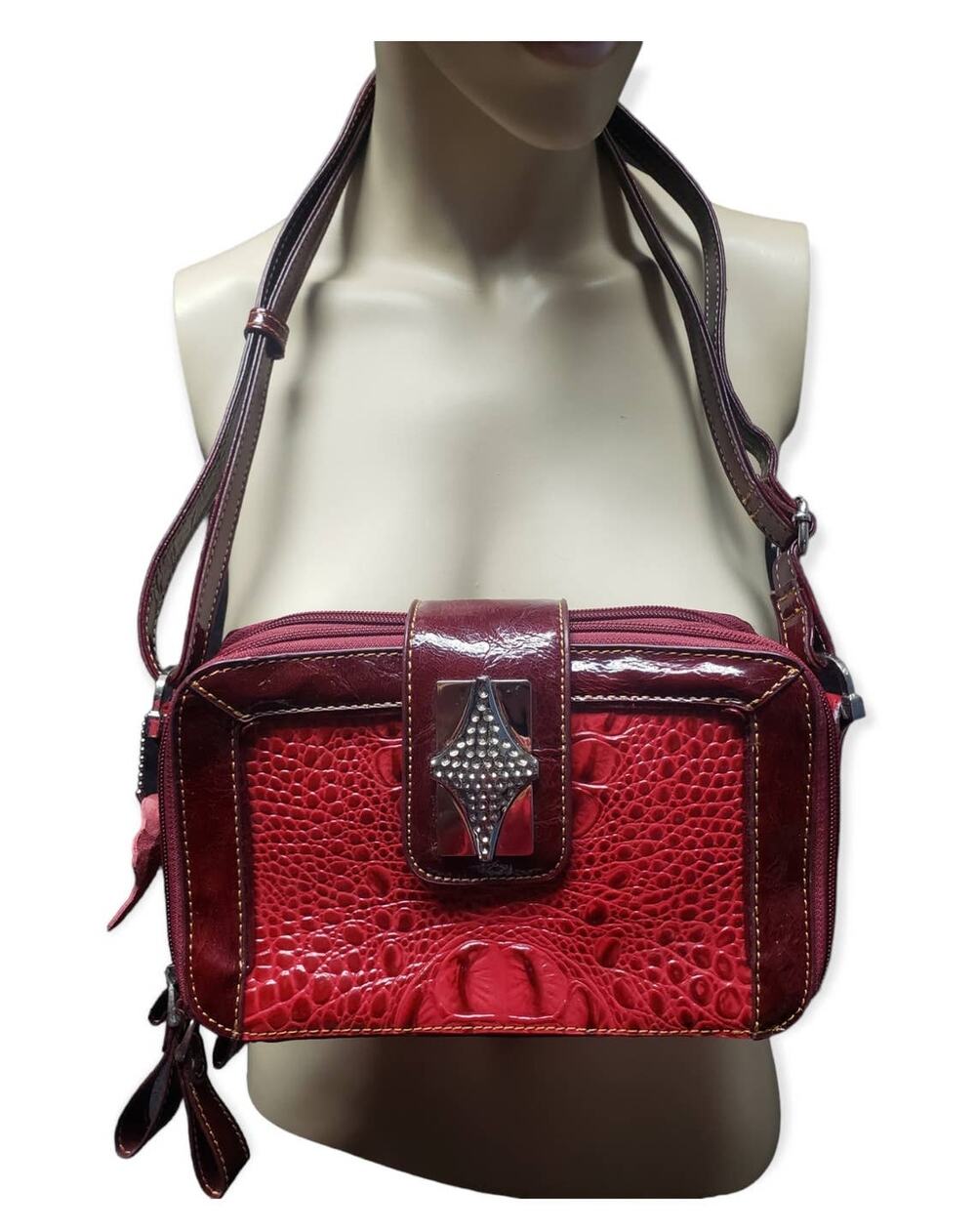 MC Red Faux Leather Adjustable Strap Multi Compartment Wallet Crossbody Purse